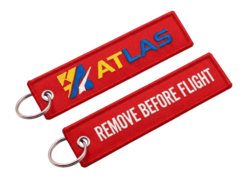 Red embroidered ATLAS tag keychains